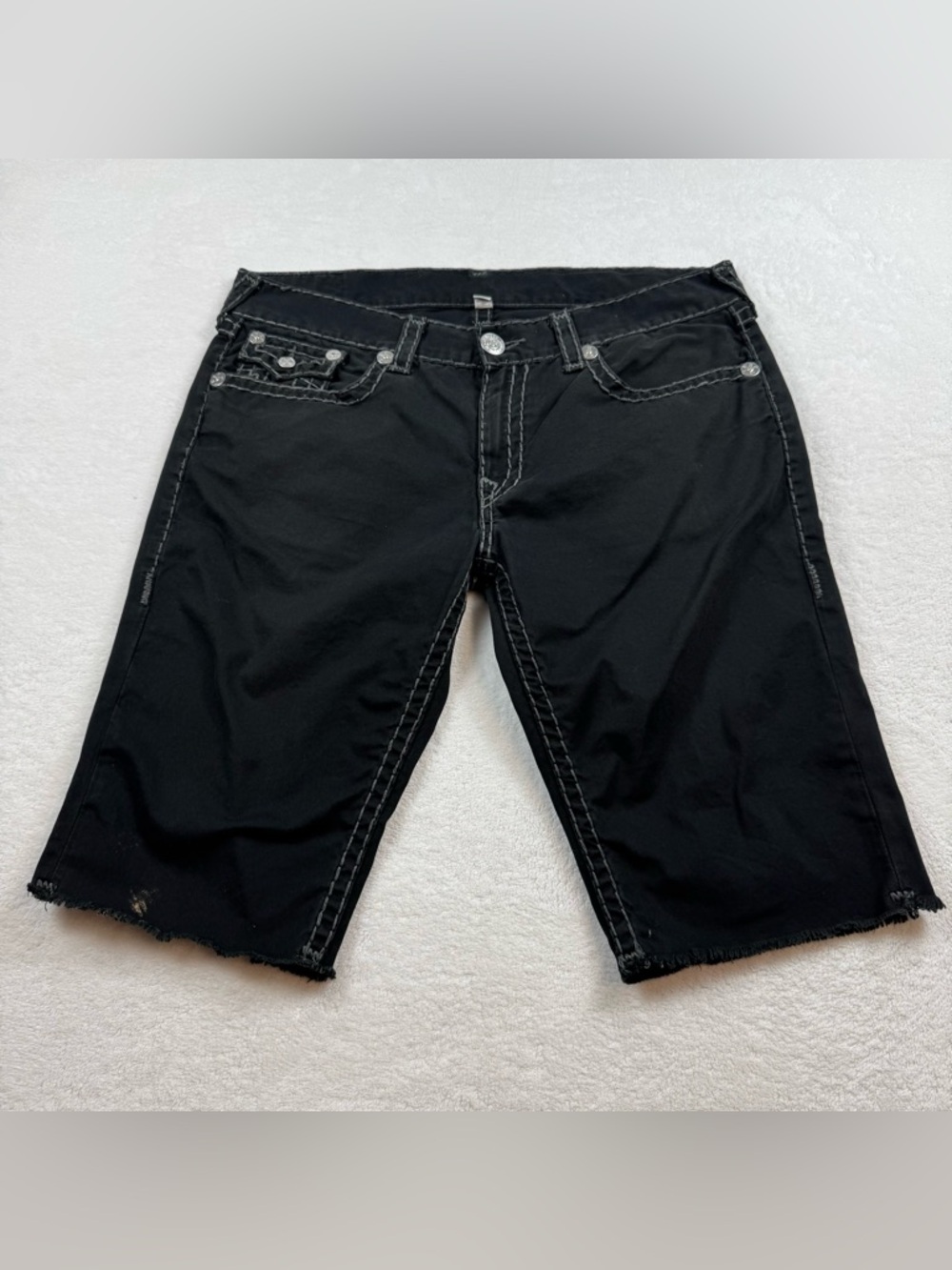 SOLD Religion straight cut off w flaps super tick boi black denim short men’s 38